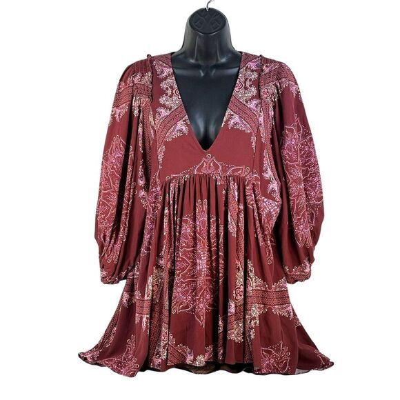 Free People Girl Talk Tunic Dress Red Paisley V-Neck Boho XS/TP‎ - Picture 2 of 11